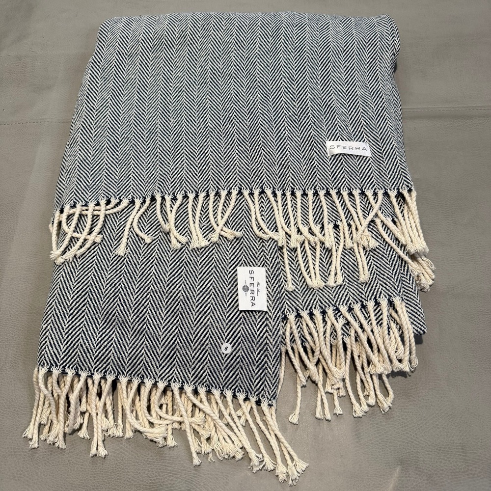 SFERRA Celine Throw Blanket Navy White Herringbone 100% Cotton Portugal-7629